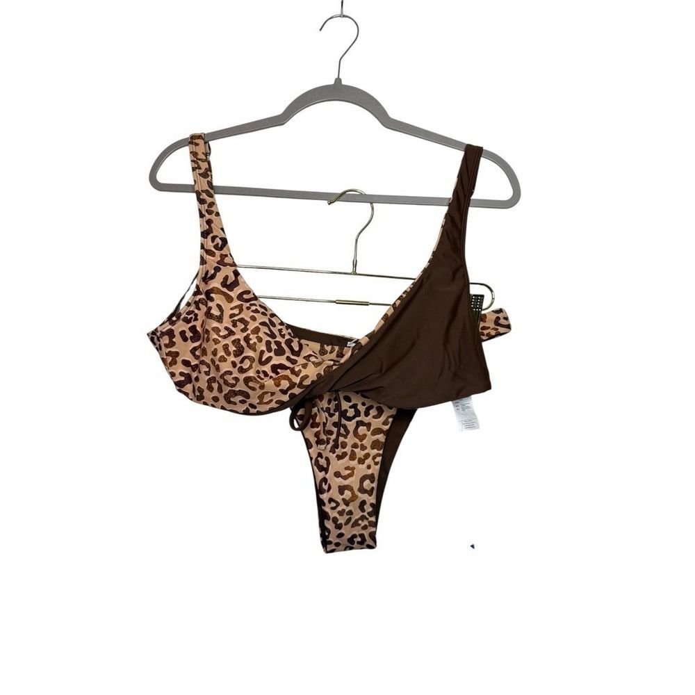 Cupshe Leopard Print Brown Wrap Bikini Set‎ High Leg Swimsuit Women L Beach